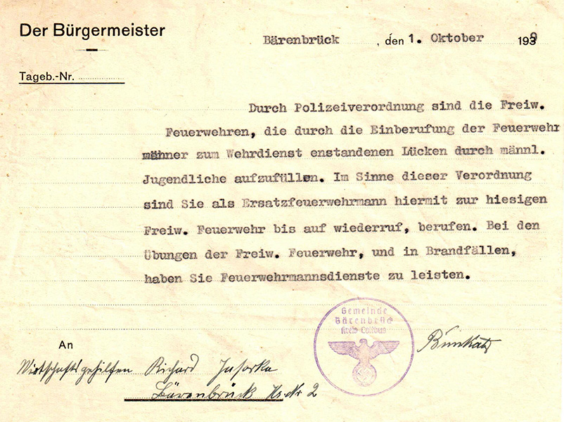 Schreiben an Richard JASORKE zur Feuerwehr